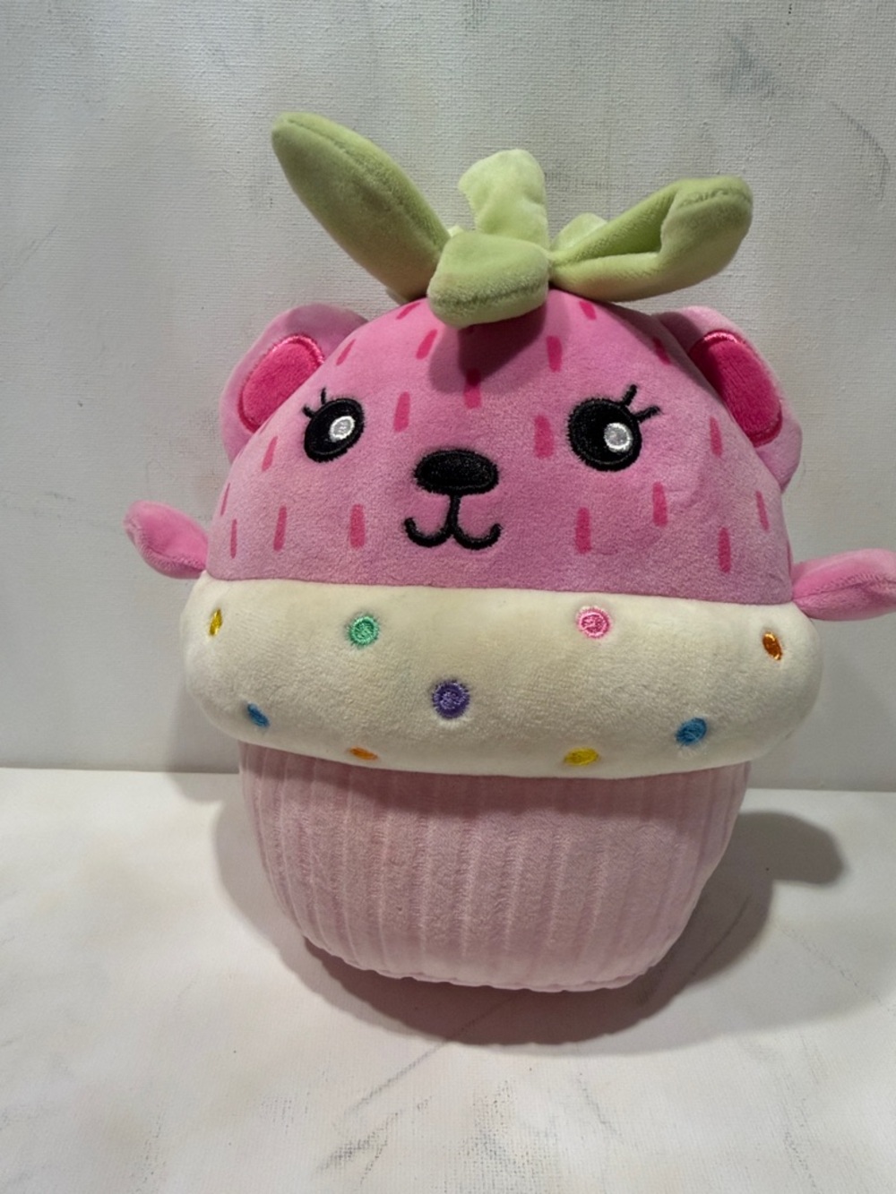 Pink Strawberry Cupcake Plush Toy with Cream Frosting